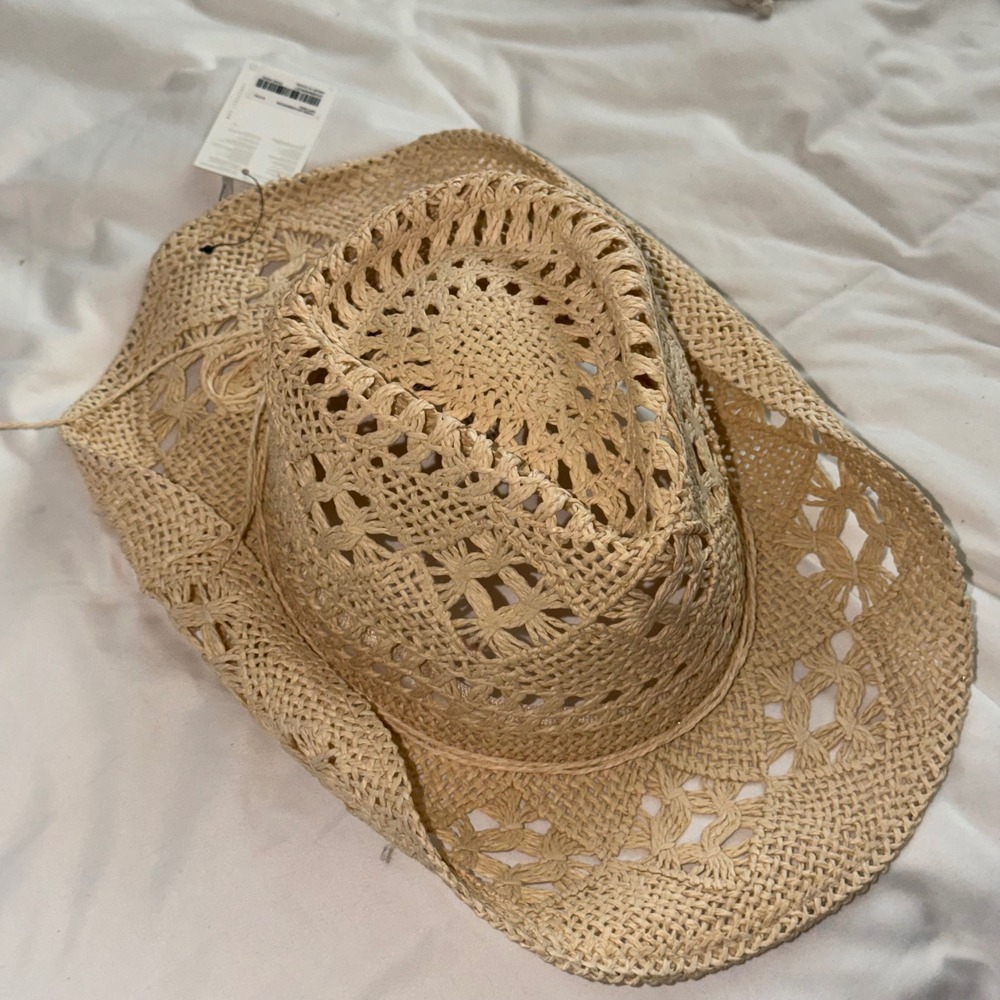 Forever 21 Natural Straw Crochet Cowboy Hat Open Knit Western Boho One Size NWT